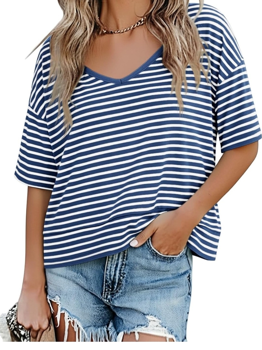 Relaxed V-Neck Short Sleeve Top - Navy & White Stripes